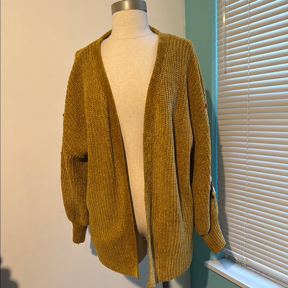 Mustard Open-Front Sweater w/ embroidered sleeves